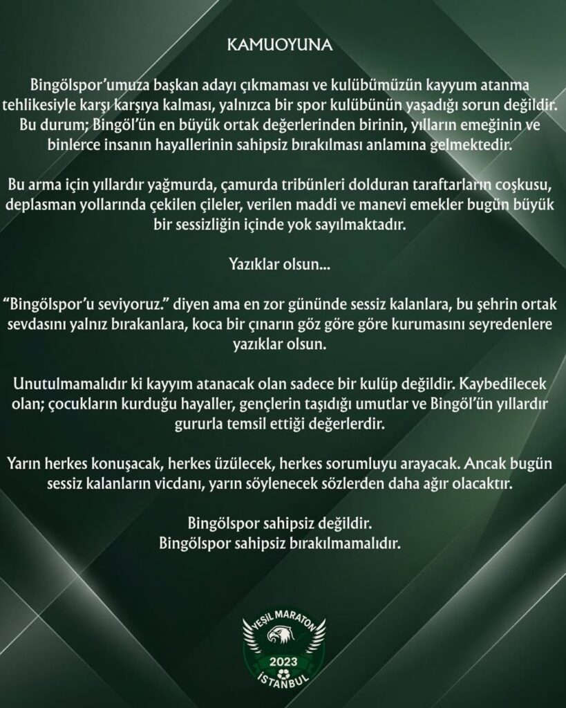 Yeşil Maraton’dan Bingölspor İçin Sert Açıklama: “Sahipsiz Değildir”
